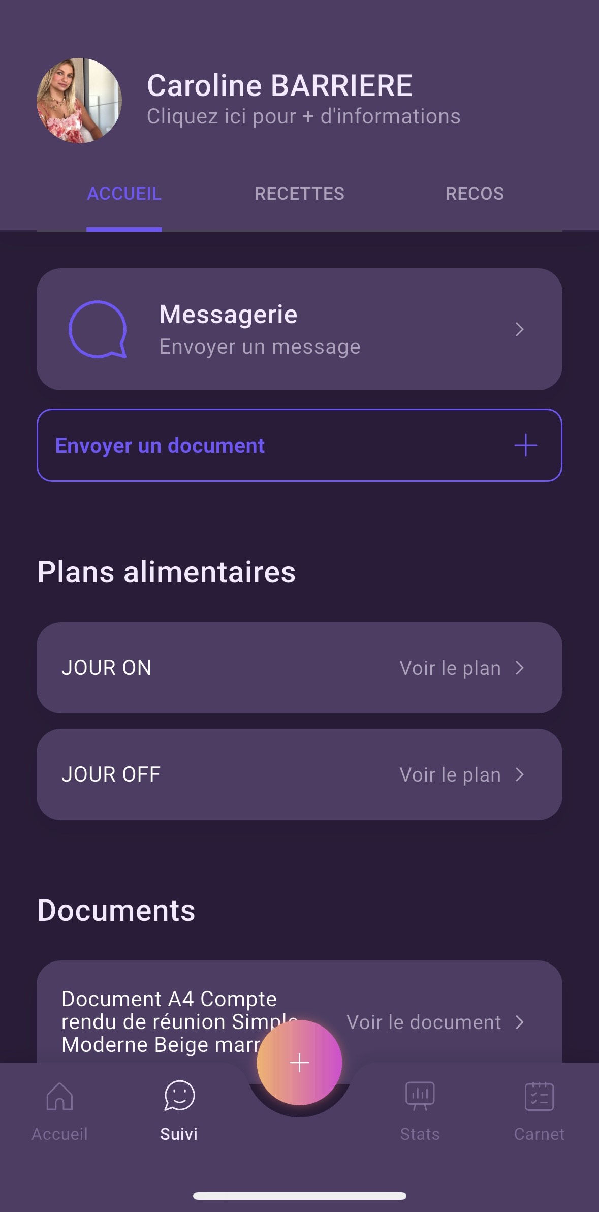 Plan alimentaire et documents  - Application Alivio nutrition Caroline Barrière